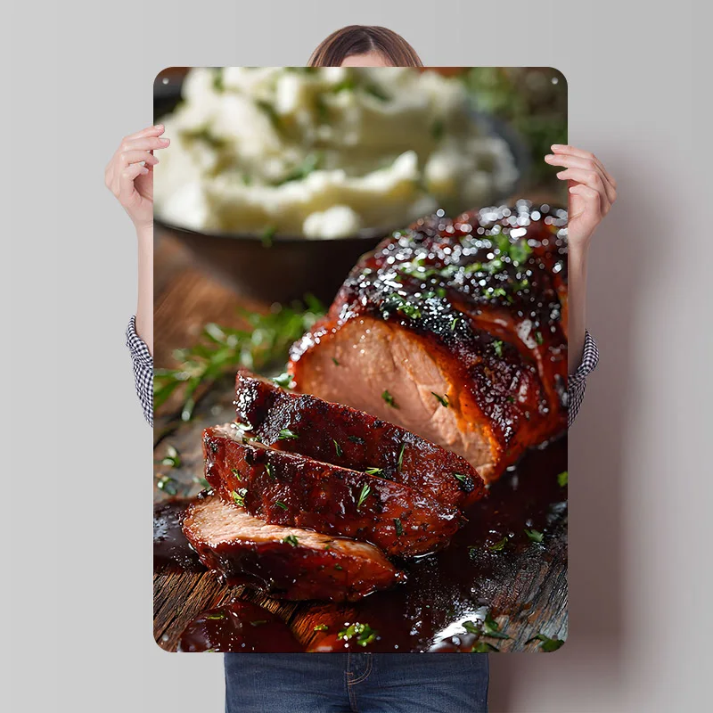 Sliced Glazed Pork Loin With Mashed Potatoes Metal Poster Custom Wall Art Retro Vintage Tinplate Signs for Man Cave House Home