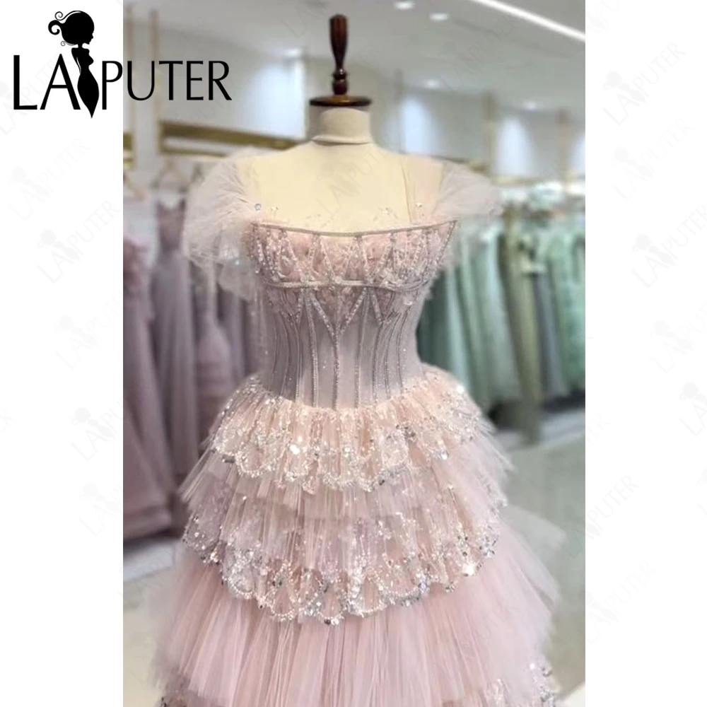 Pink Tulle A-Line Girl Prom Dress Embroidered Lace Bodice with Beading Rhinestones Short-Sleeve Lady Ball Gown Formal Party Dres