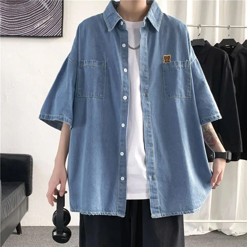 

Summer Casual Loose Men's Denim Shirt Short Sleeve Half Sleeve Outerwear Fashionable Youth Polyester Fiber Standard Fit Five-...