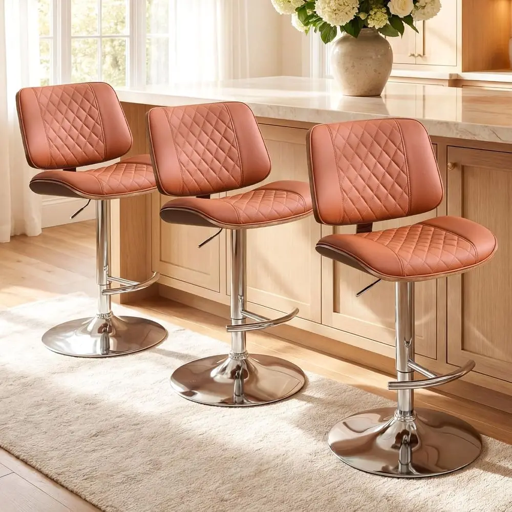 

Adjustable Swivel Counter Height Bar Stools with Backs and Footrest, Extra Tall Leather Orange, Set of 3
