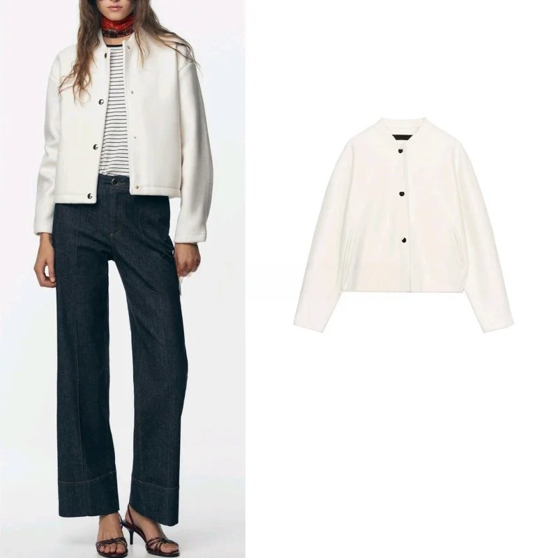 

Fall Women's Simple Sle round Ne Long Sve Gold Button Soft Pilot Jaet Coat Casual Faion Polyester Fiber Ladies Out...