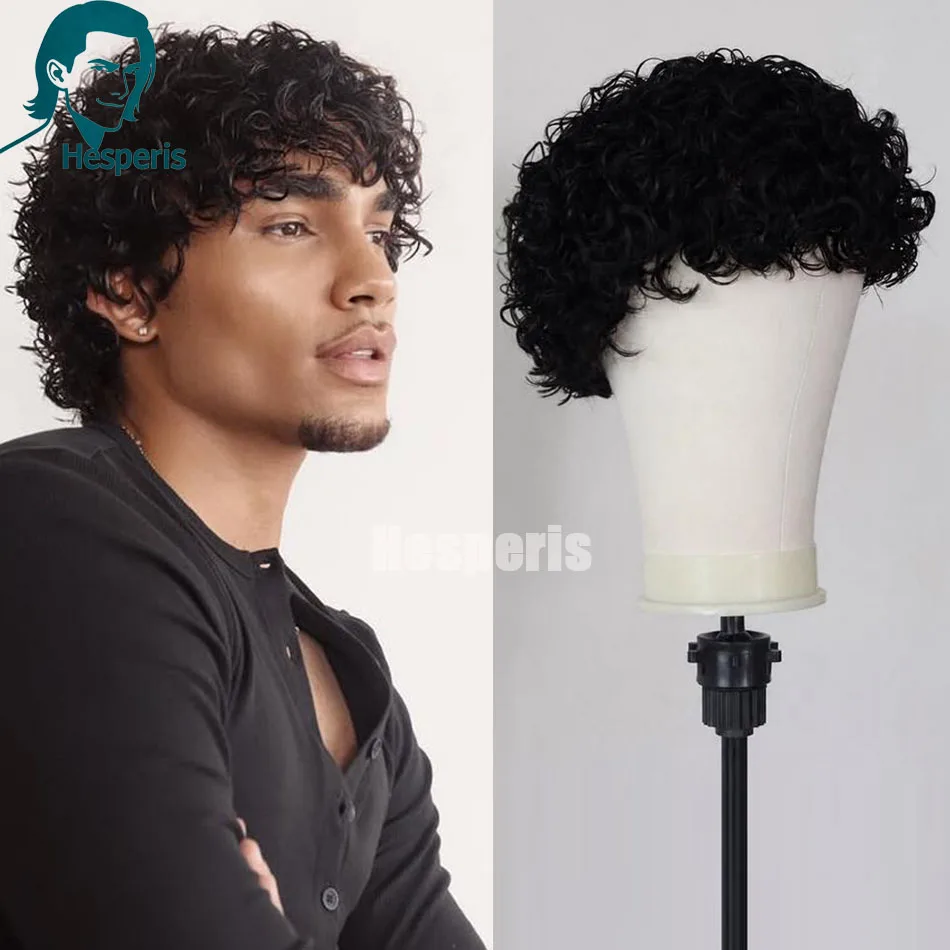 Hesperis Curly Human Hair Wig With Bangs Remy Hair Short Pixie Cut Lace Front Wig For Men Pre Styled Male Wigs Cospaly