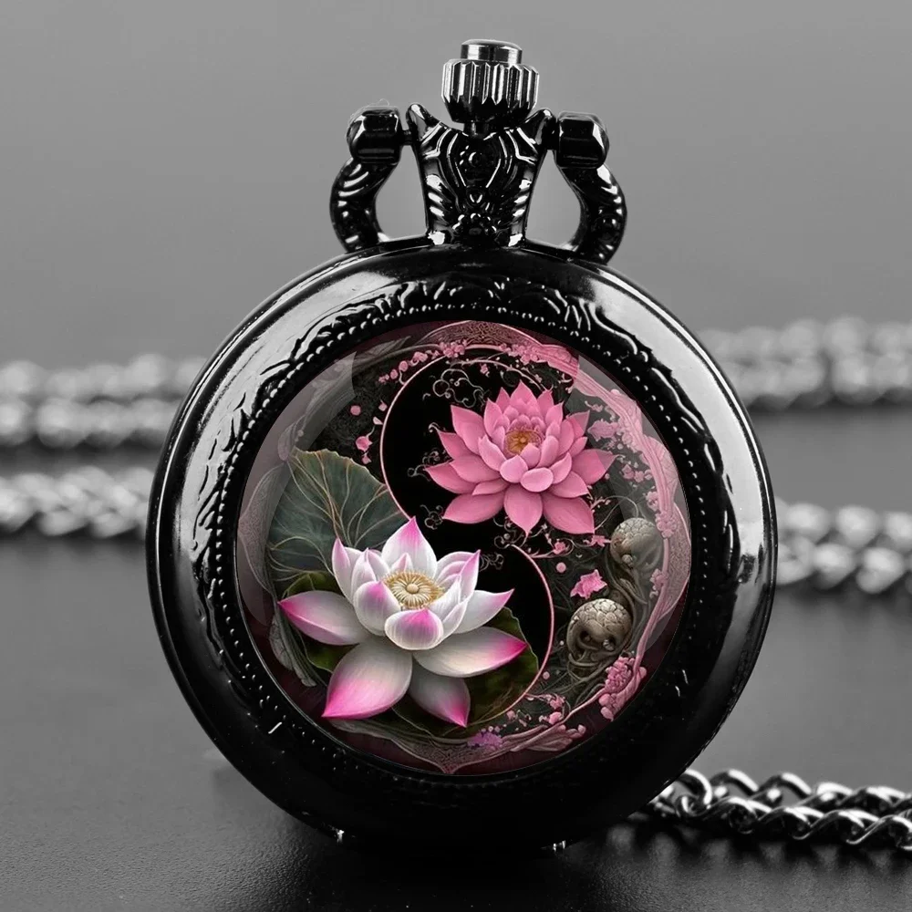 

Yin-Yang Lotus Flower Black Quartz Pocket Watch Arabic Digital Dial Women's Jewelry Accessories Clock Anniversary Girls Gifts