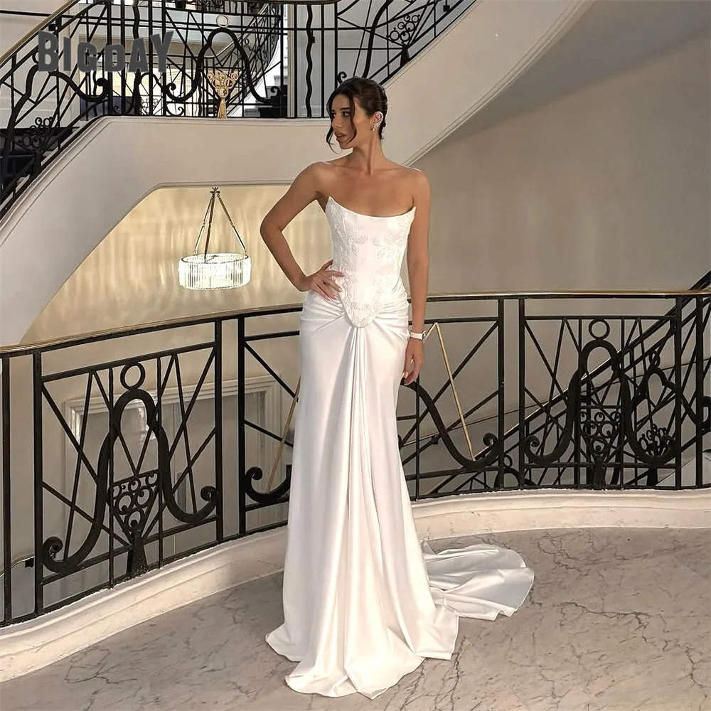 

BIGDAY Modern Mermaid Wedding Dress Boat-Neck Lace Appliqued Pleat Open Back Lace-up Bridal Gown Vestido De Noiva Customized