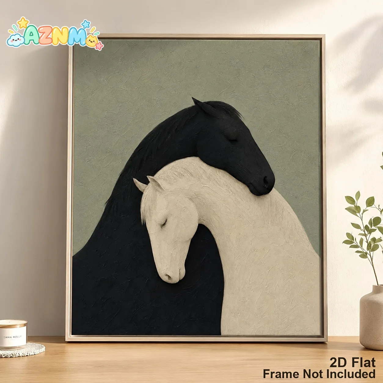 2D Flat, Modern Neutral Horse Wall Art Poster - Vertical Black & White Hugging Horses Canvas Print, Suitable for Bedroom, Off