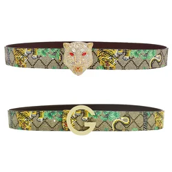 Western Fashion leisure Men cintura in pelle Jeans Green Tiger Pattern Gold Silver Diamond Leopard Buckle Strap