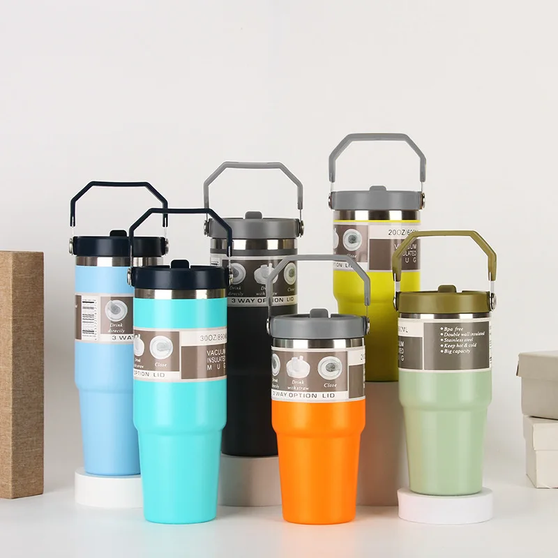 600ML/890ML Stainless Steel Thermos Cup with Straw Car Coffee Mug Sports Water Bottle Vacuum Flask Insulated Cup Thermal Mug