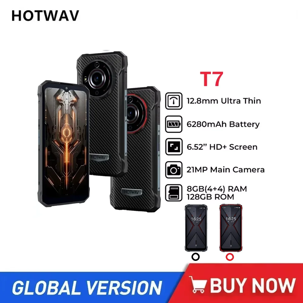 HOTWAV T7 Wytrzymały smartfon 4G 6,52 cala HD+ Wyświetlacz Octa Core 4 GB + 128 GB Android 13 21 MP Tylna kamera 6280 mAh Bateria Telefon komórkowy