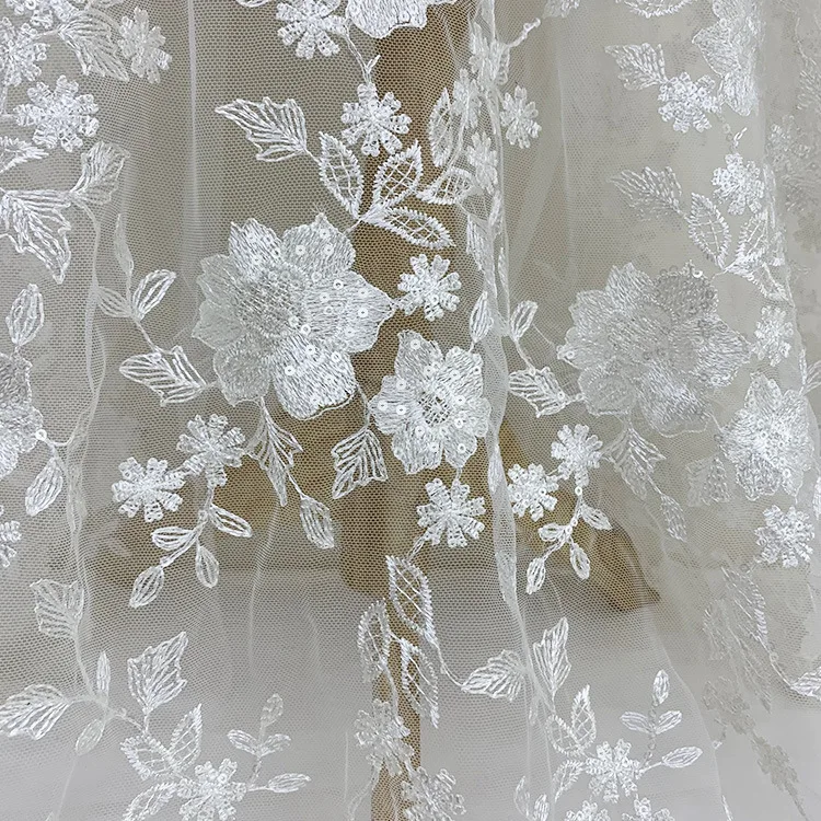 Off white Exquiiste Sequins French Tulle Embroidery Lace Fabric For Wedding Bridal Gown Dress By The Yard