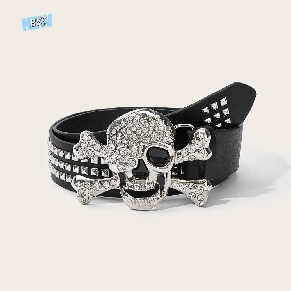 Strap Buckle Rhinestone Skull Wide Waistband Adjustable Y2K Black Rivet Belt Black  Skeleton Belt Trouser Decoration