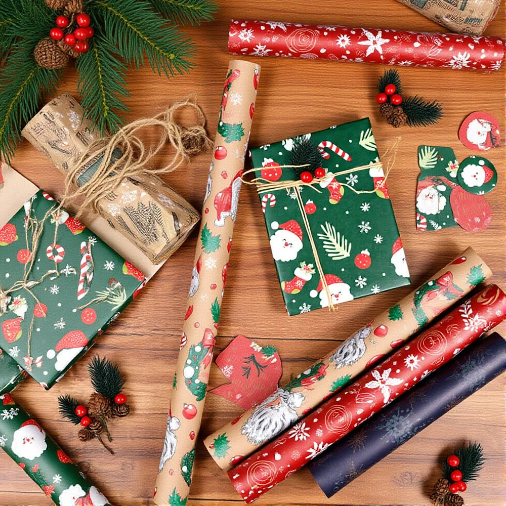 50x70cm Christmas Gift Kraft Wrapping Paper Tissue Paper Santa Claus Xmas Tree Pattern Flower Bouquet Packaging Xmas Party Decor