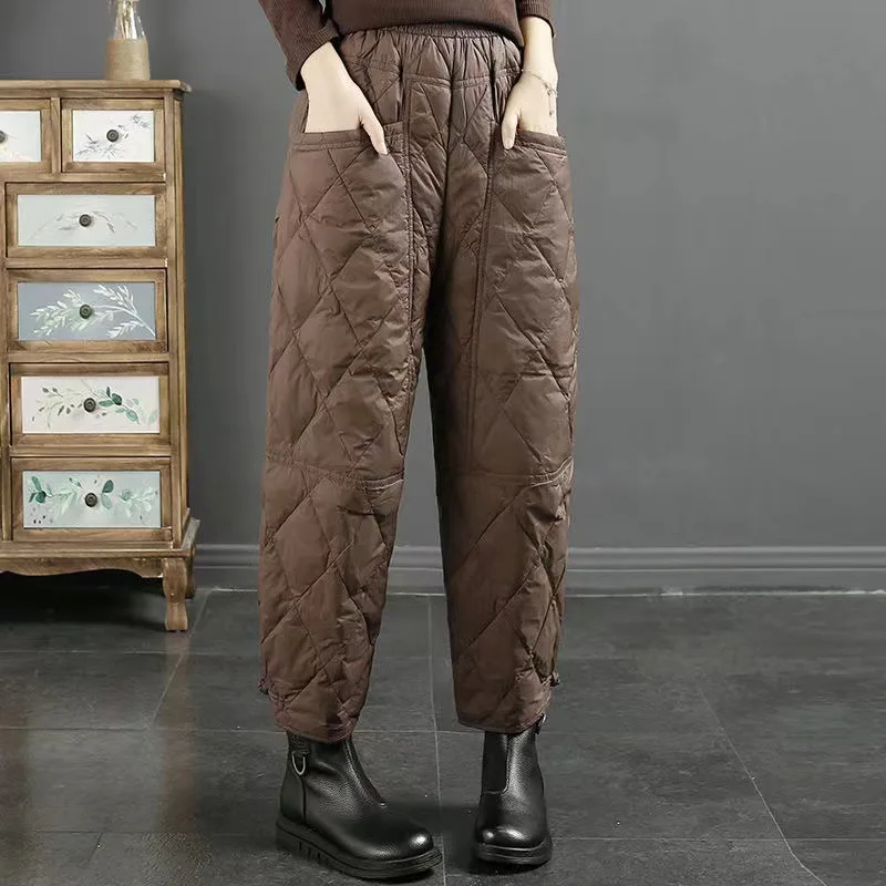 

Women's Winter New Style Retro Art Pure Color down Cotton Pants Diamond Grid Harlan Button Windproof Warm Casual Pants