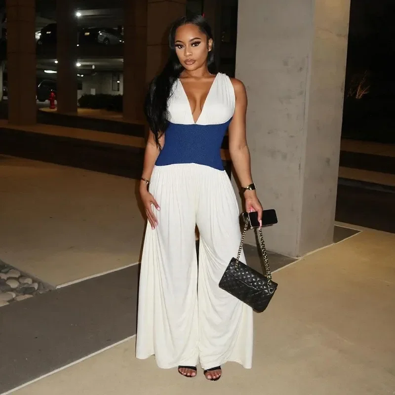 Leosoxs コントラストパッチワークホルターレースアップワイドレッグジャンプスーツ女性のセクシーなローネック背中の開いたジッパーシャーリングオーバーオール 2025 クラブウェア