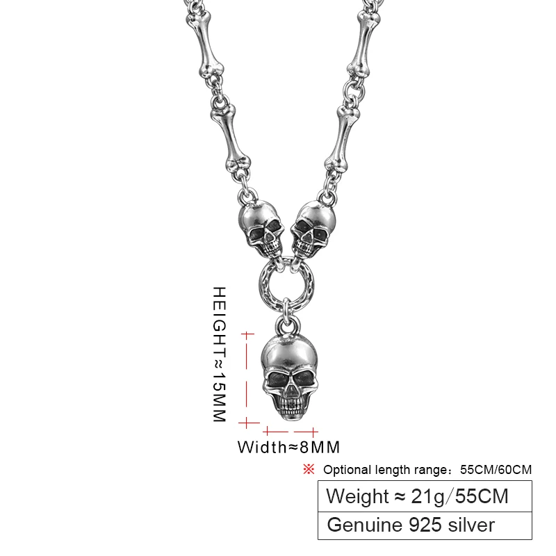 ZABRA Fashion Skull Head 925 Sterling Silver Pendant Necklace Choker Charm Skeleton Necklaces for Women Men Hip Hop Rock Jewelry