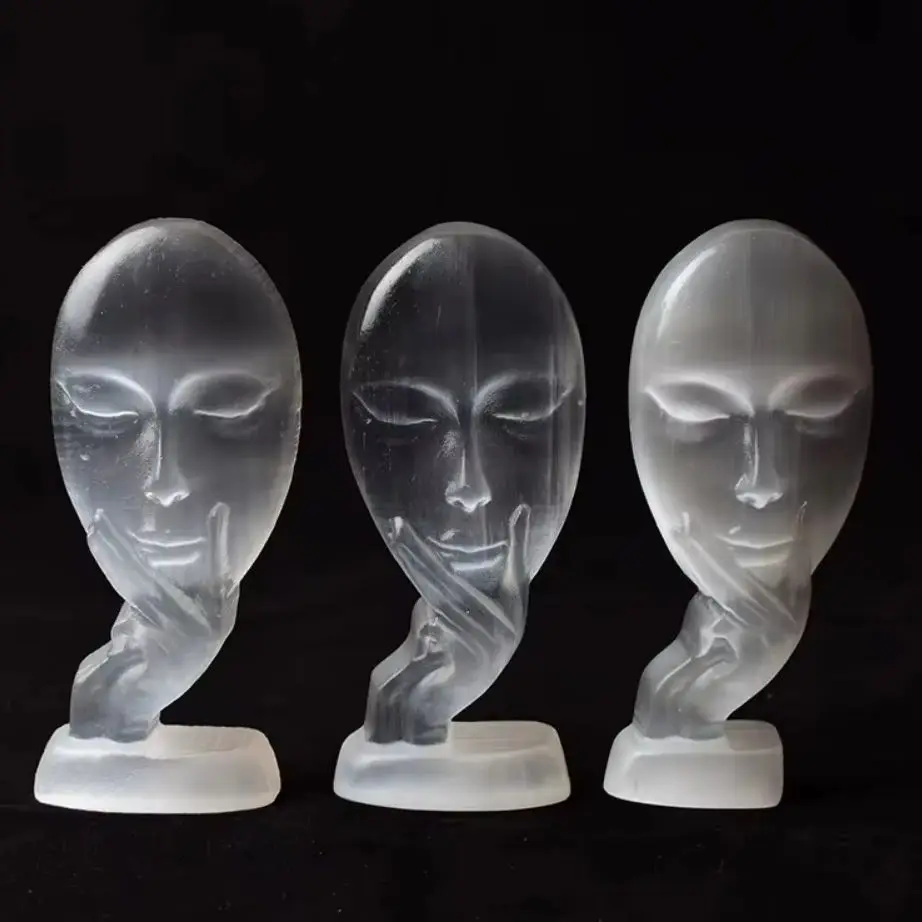 Natural Selenite Silent Face Statue, Hand Carved White Gypsum Thinker Mask Figurine, Selenite Crystal Carving for Home Decor