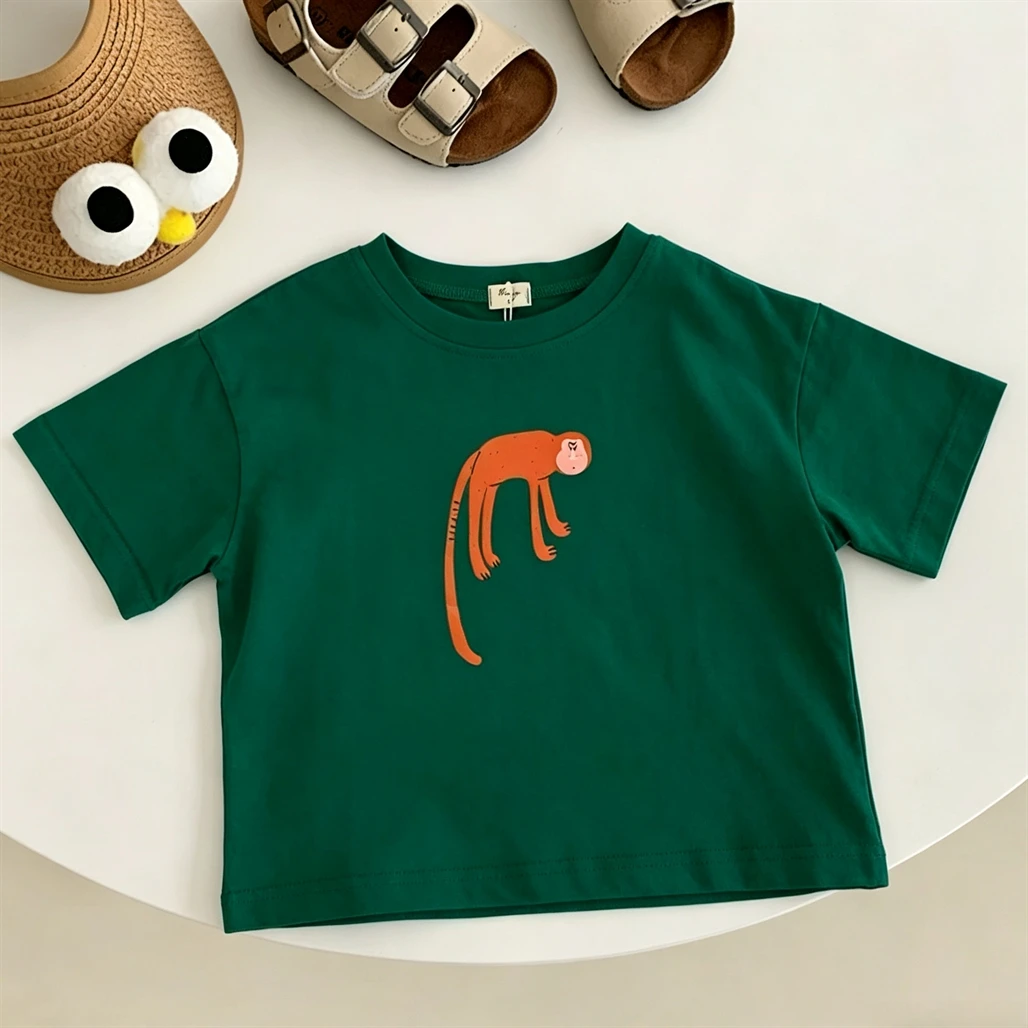 Cartoon Animals Printed T-shirt Summer Lovely Clothing Pure Cotton Round Neck Tops Solid Color Base Shirt Red Green Black T