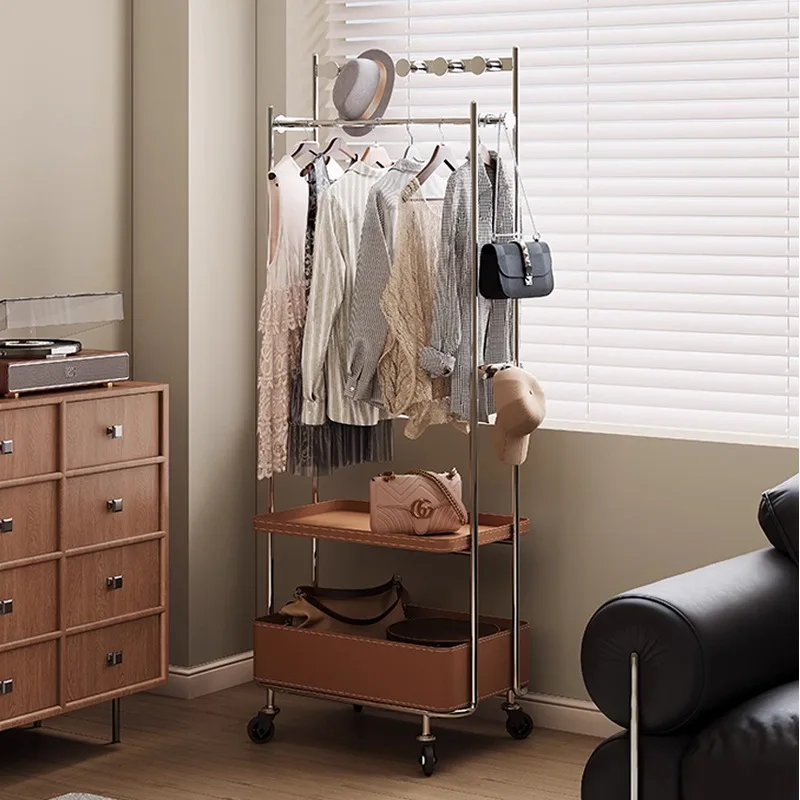 Medieval mobile hanger floor module stainless steel coat rack small apartment bedroom storage