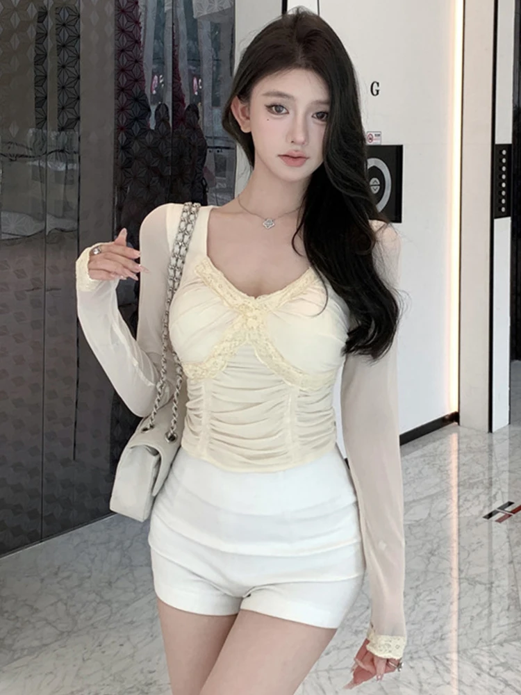 여성 의류 레이스 주름 V넥 슬림 크롭 탑 섹시 긴팔 슬림 숏 블라우스 여성 핫스위트 티셔츠 캐주얼 파티 신상품