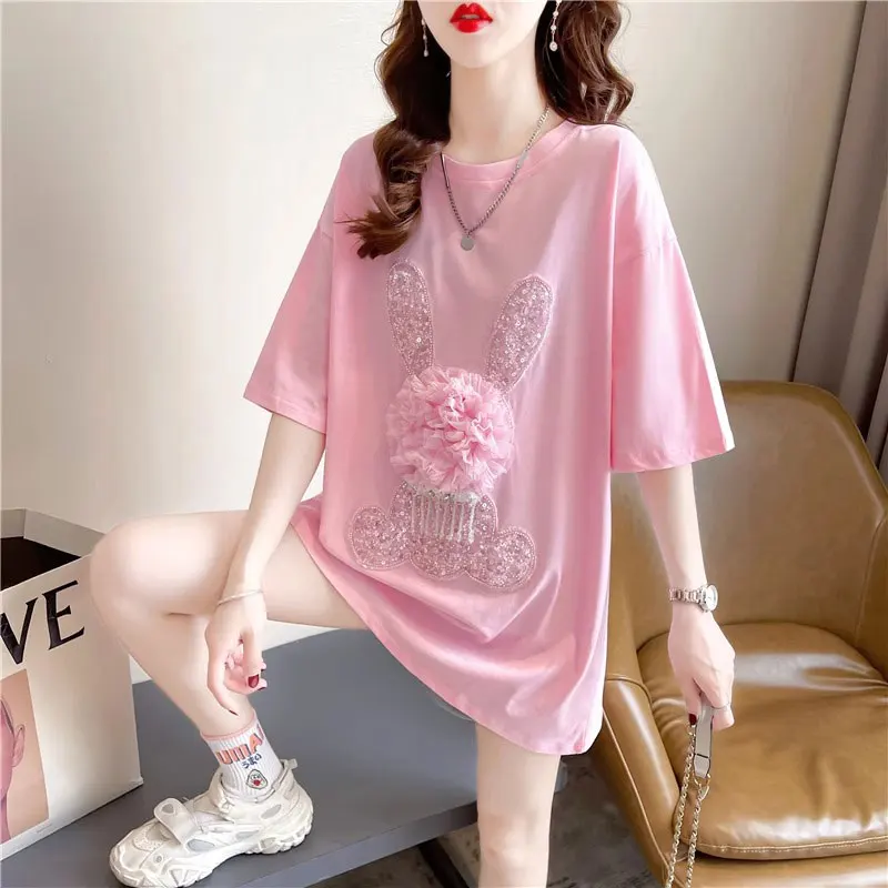 

Loose Fit Pure Cotton Short Sleeve Embroidered T-Shirt Women's Summer Fashion Korean Style Mid-Length Casual Top