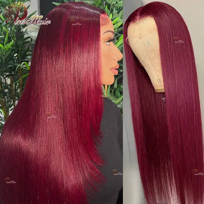 

99J Colored Straight Lace Front Human Hair Wigs Pre Plucked 13X6 HD Transparent Lace Frontal Wig Red Human Hair Wig For Women