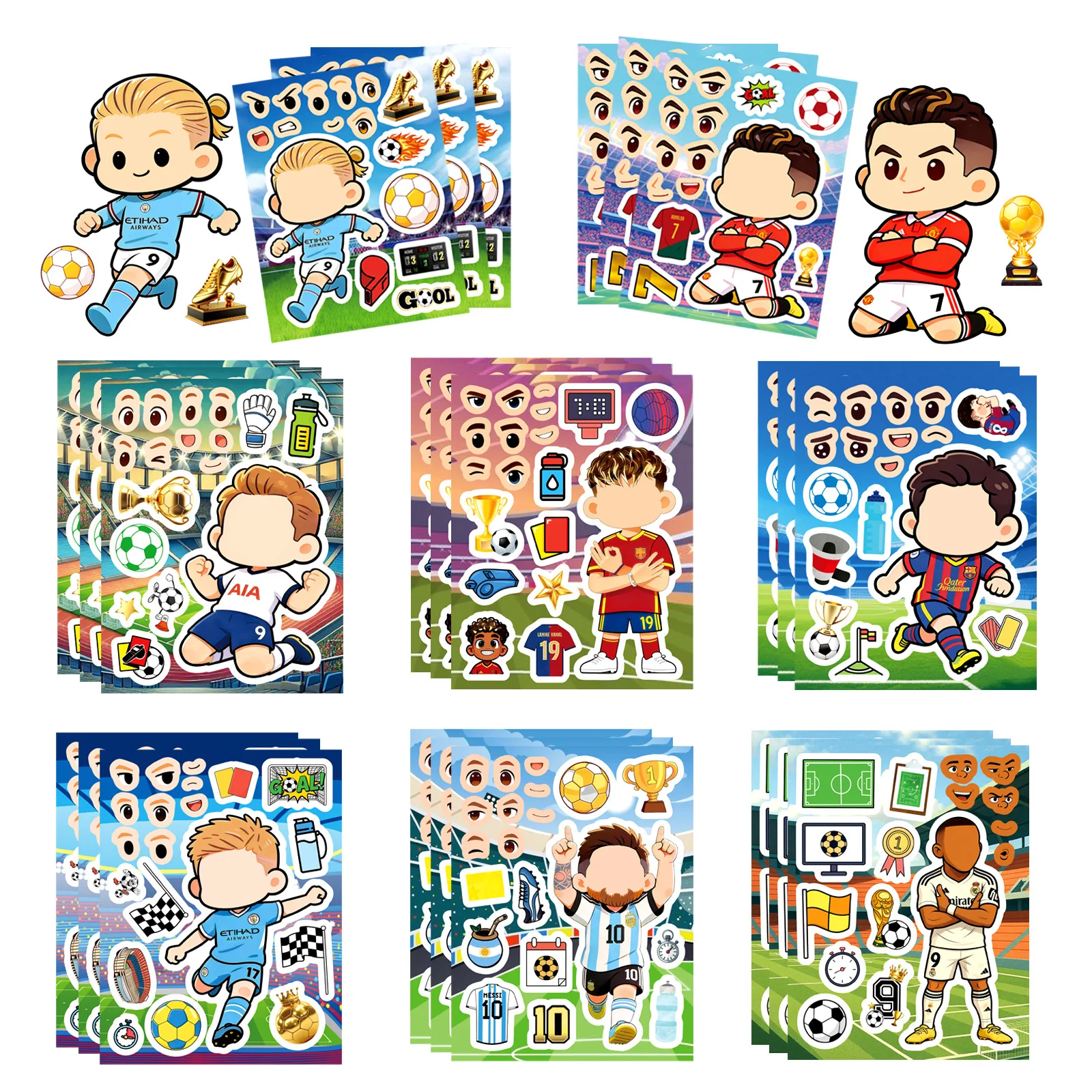 16Sheets Cartoon Little Soccer Player Make A Face Puzzle Stickers Educational DIY for Cup Diary Helmet Skate Storage Box Decals