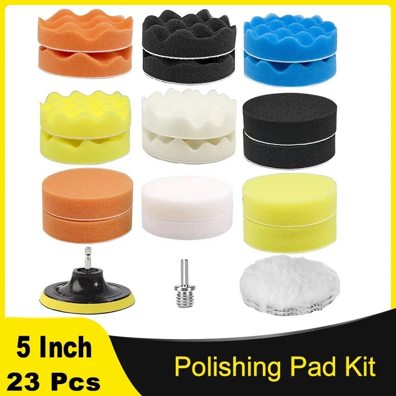 5 Inch Polishing Sponge Pad Kit 23 Pcs with M10 Adapter and Wool Pad for Car Buffing Waxing and Polishing Bathroom Cleaning