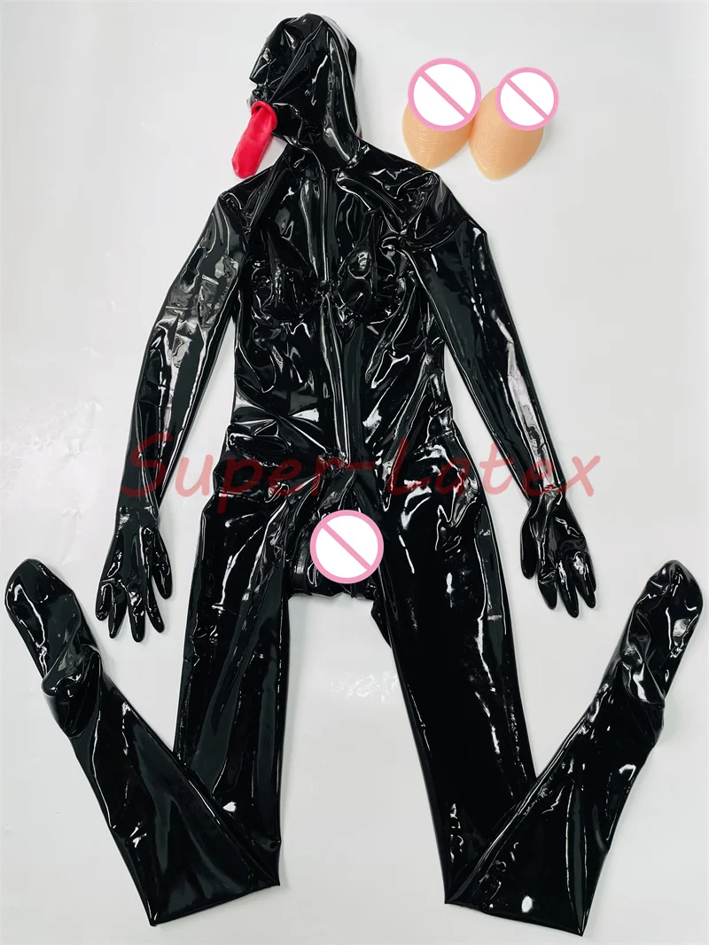 Latex  full cover latex unitard silicone breast three sheath