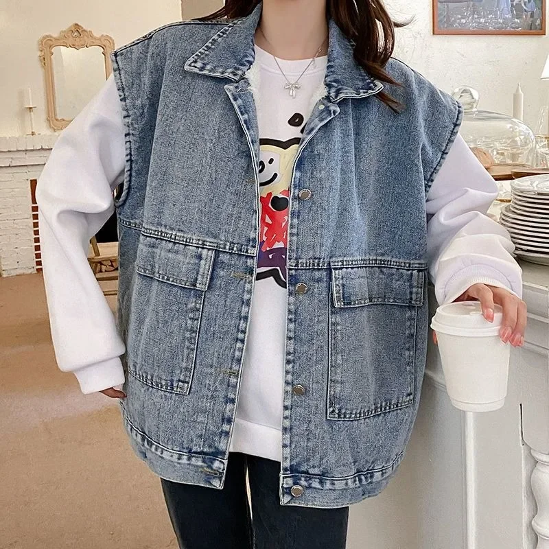 

Thermal Insulated Denim Vest Women Loose Boyfriend Jacket Autumn Winter Outerwear Versatile Casual Wear​