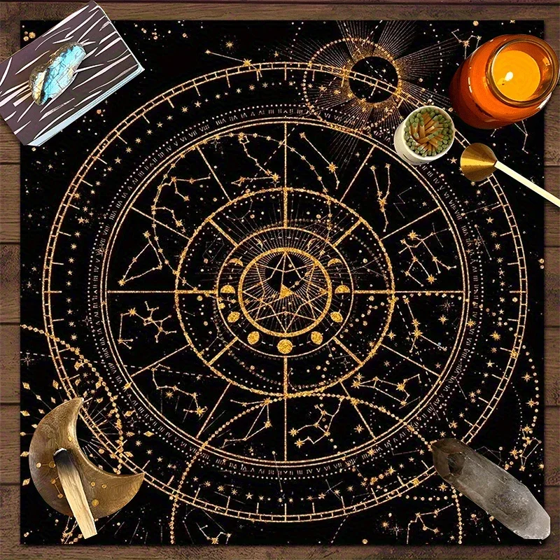 50/75/110/137cm Astrology Tarot Tablecloth Black Gold Zodiac Design Readings Meditation Themed Parties Durable Polyester Mat