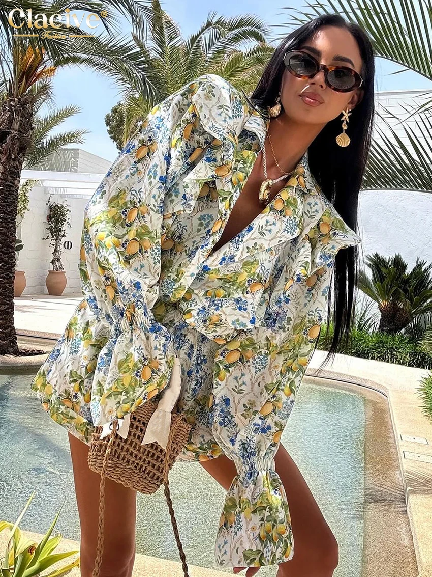 Clacive Fashion Loose Print 2 Piece Sets Woman Outfit 2025 Elegant Long Sleeve Shirt With High Waist Short Set Female Streetwear