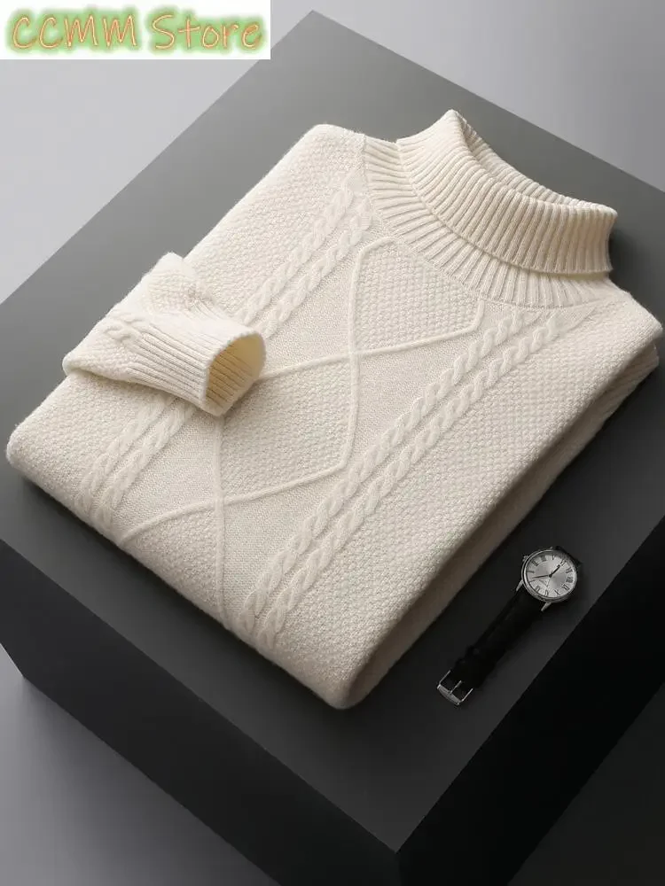 Men Turtleneck Cashmere Sweater Autumn Winter Thick Pullover 100% Merino Wool Knitwear Twist Flower Knitting Warm Casual Tops
