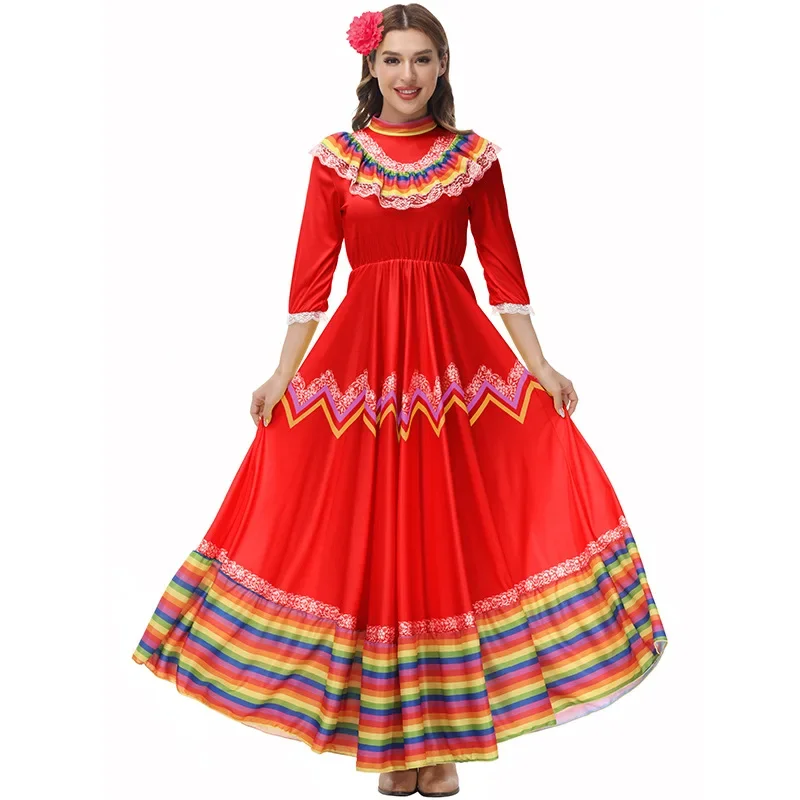 JustSaiyan Women Girls Mexico Tradition Flamenco Costume Dance Stage Folk Dress Dance Circle Mexican Halloween Party Fancy Dress