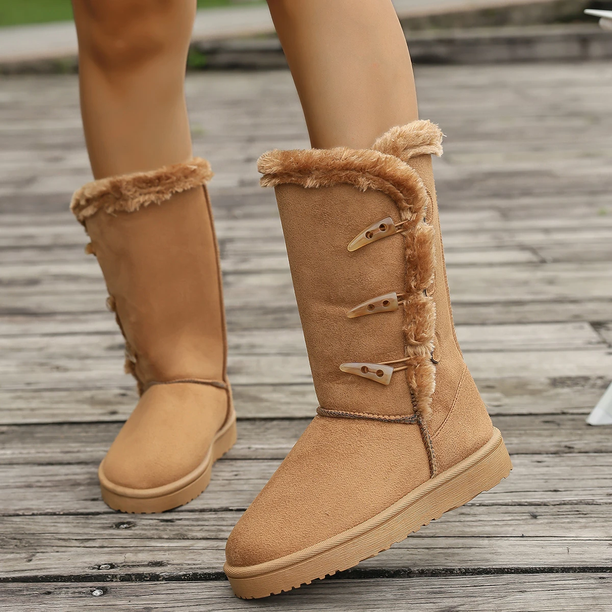 Damen Schneestiefel Winter Halbstiefel Warme Baumwollschuhe Mode Einfarbige Knopf-Stiefel für Damen Braune Lange Stiefel Übergröße 36-42 – Detail 9