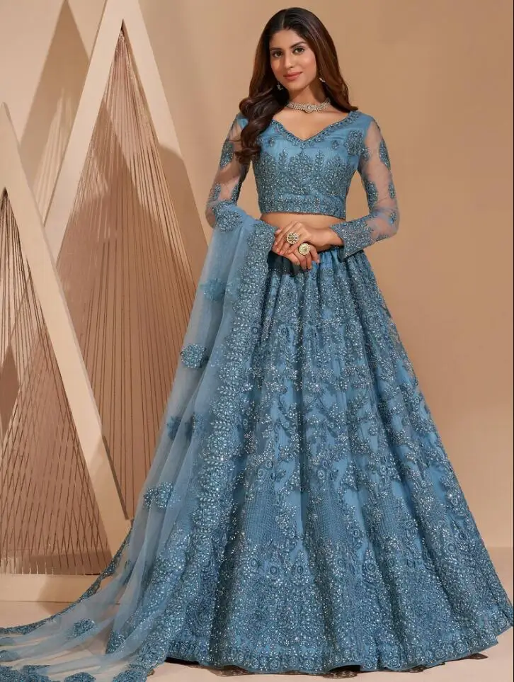 Lehenga Choli Prom Formal Dresses with Warp Pale Sky Blue Embroidered lengha Indian Princess Long Sleeve Evening Gowncustomsize