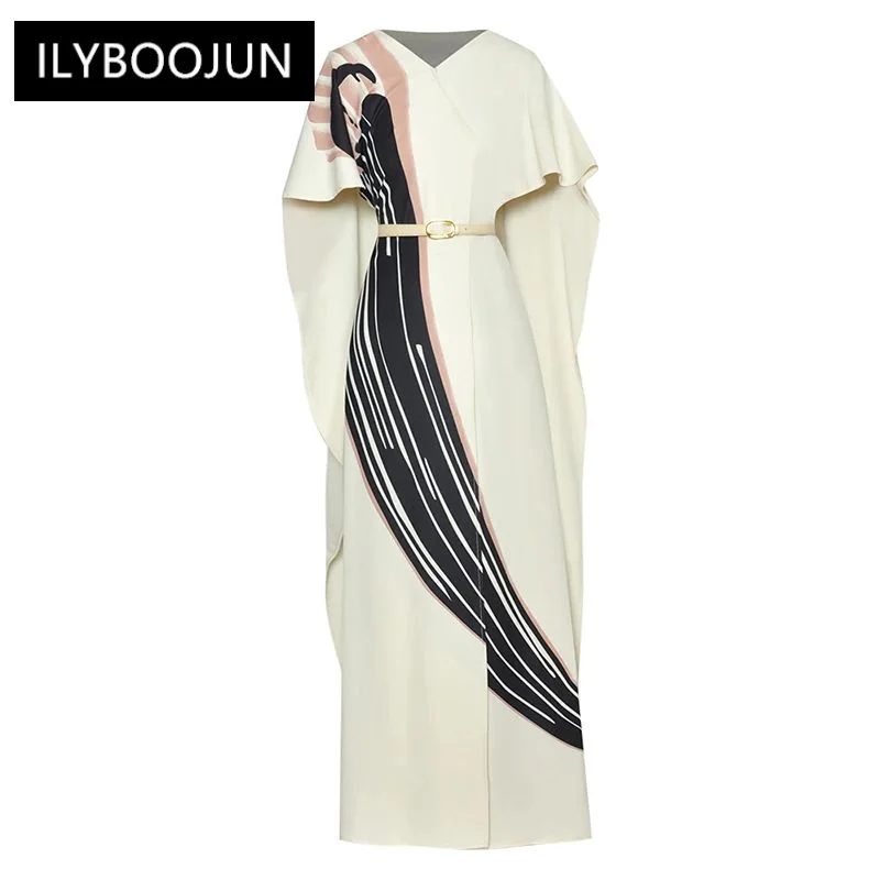 

Maxi Dress Women V-Neck Cloak Sleeves Belt Print Elegant Party Floor-Length Dresses For Women 2023 Luxury Brand High Quality