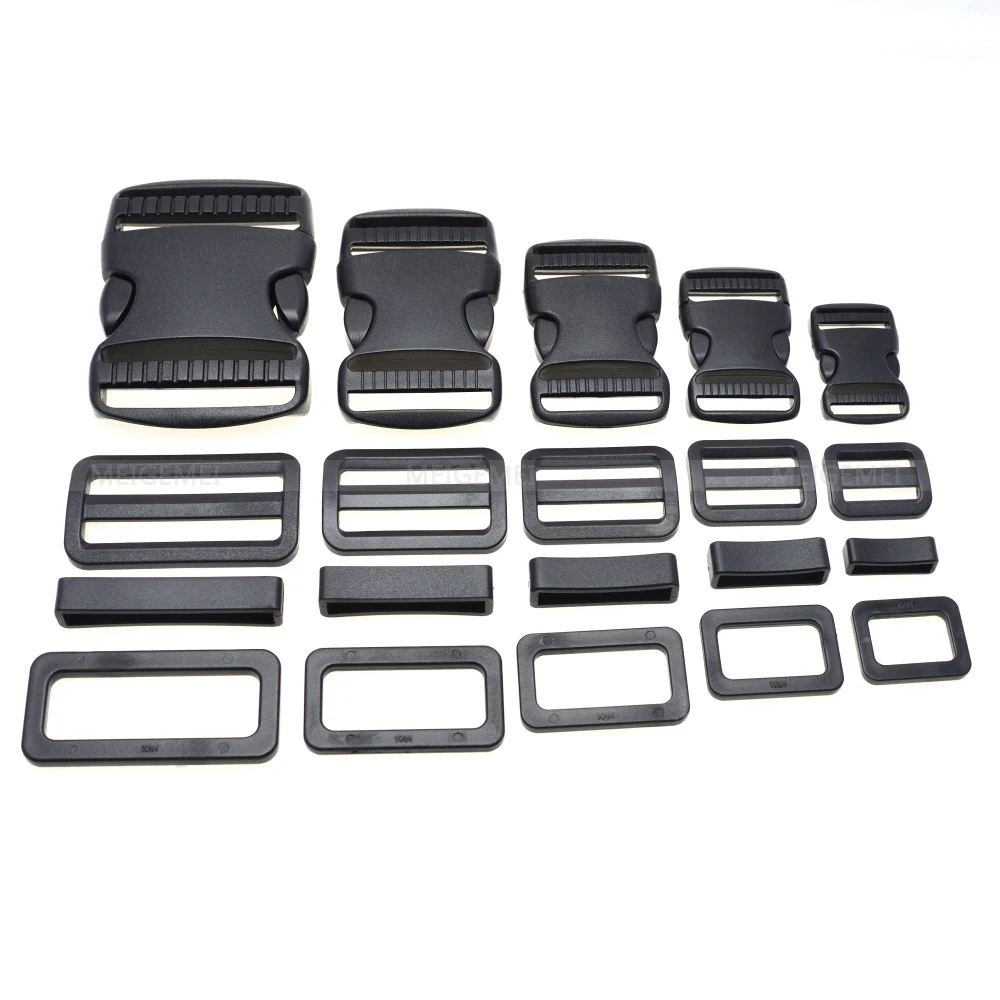 1 set 20mm 25mm 30mm 38mm 50mm Plastic Slider Adjustable Rectangle Ring Belt Loop Curved Side Release Buckles For Paracord