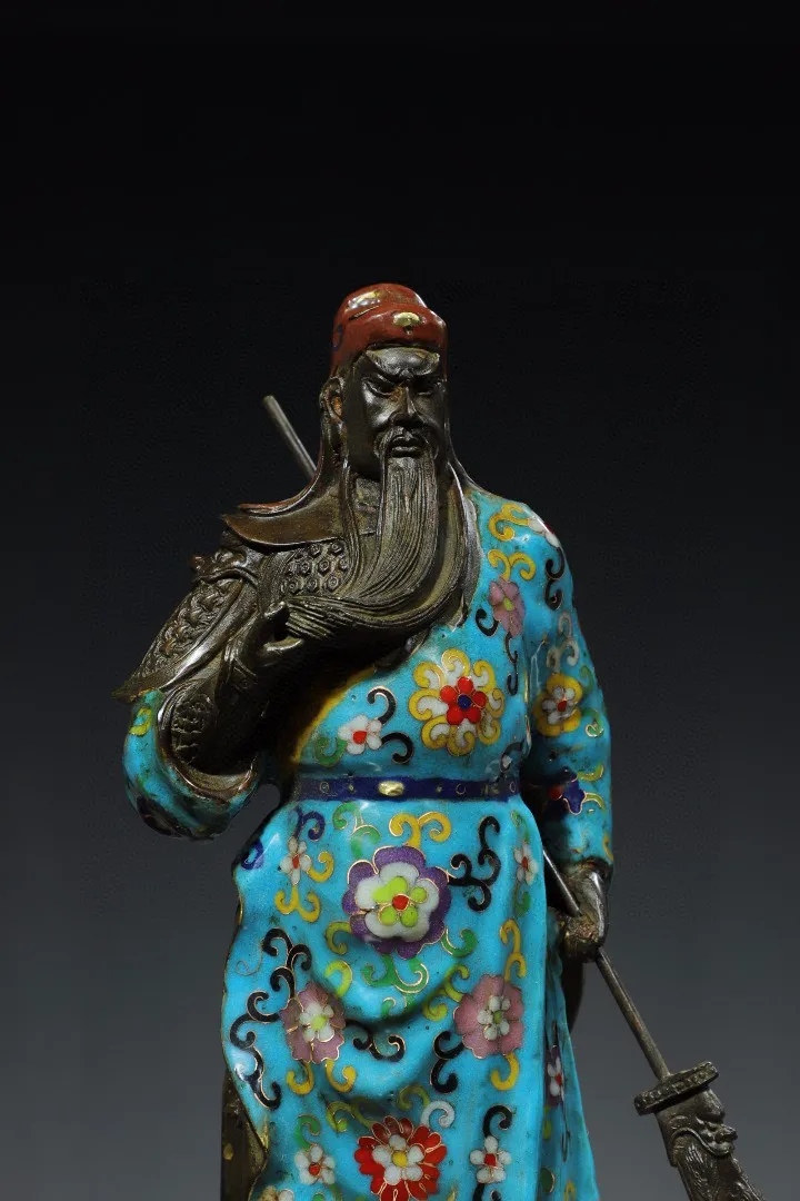 Old brass cloisonne Cloisonneenamel Guan Gong stood like Guan Yu's second master, Emperor Wu Shen Buddhist Temple ornaments