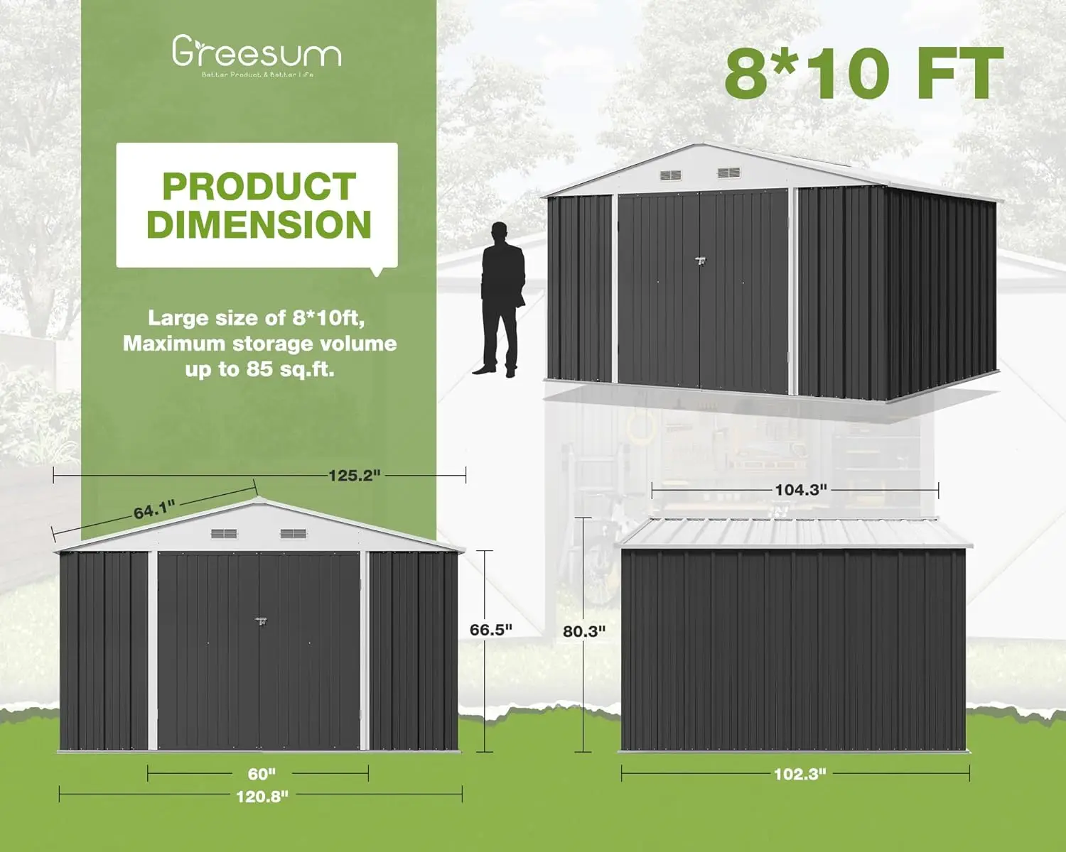 Cobertizo de herramientas de utilidad de 10x8 pies, cobertizo de jardín de almacenamiento de Metal con puerta y cerradura para almacenamiento de Patio, gris