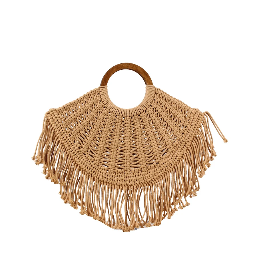 

Handmade Half-Round Woven Tassel Bag Summer Hollow Out Cotton Rope Women Moon shaped Top Handle Bags Girls Small Beach Handbags
