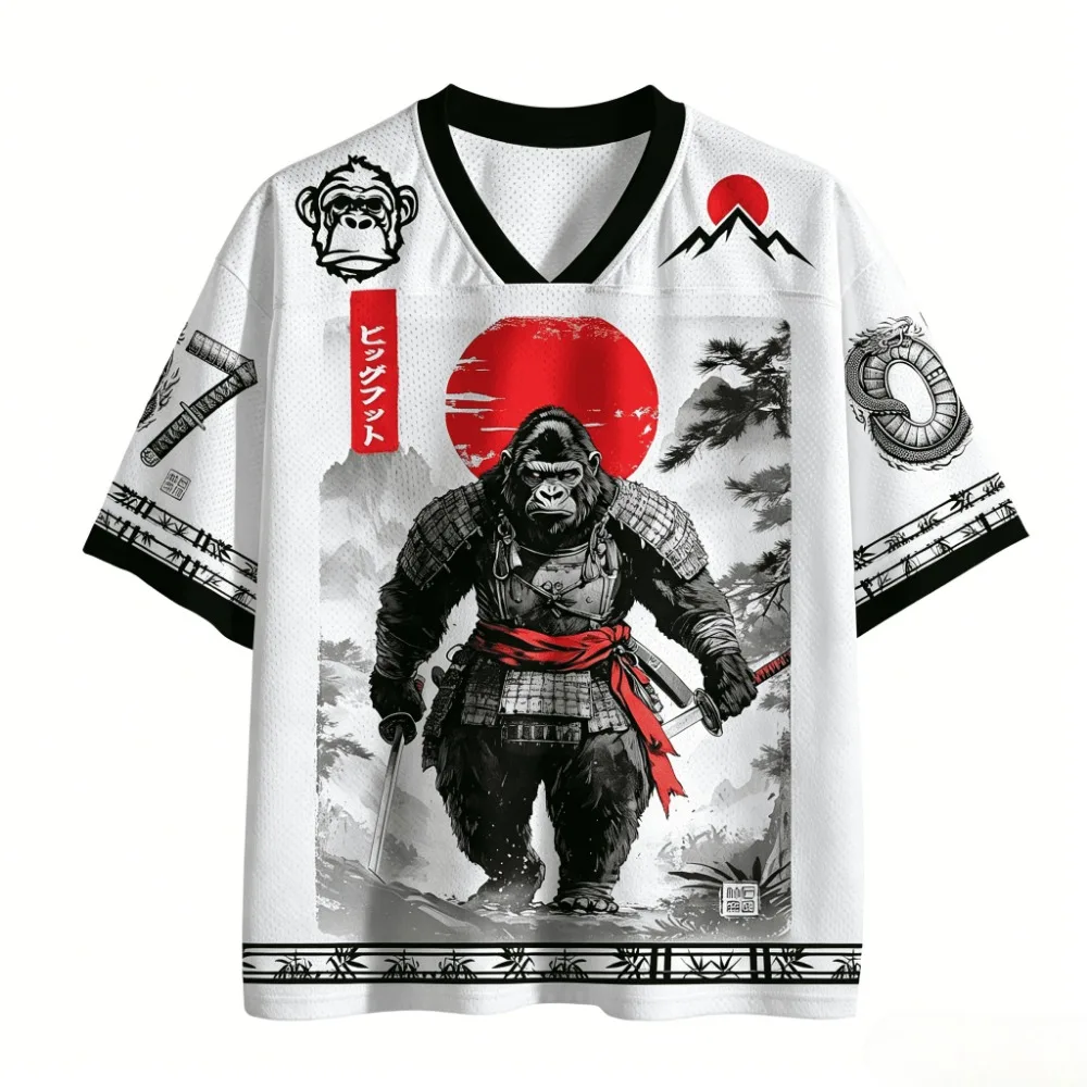 Harajuku Japanese Samurai Gorilla 3DPrint Sport Breatha Quickdry Men V-neck Tshirt Casual  Y2K Fashionable Parent-child Clothing