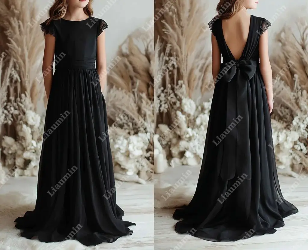 

Black Flower Girl Dresses Chiffon Long Wedding Princess First Communion Gowns Brithday Pageant Skirt Customized Made W1.1.44