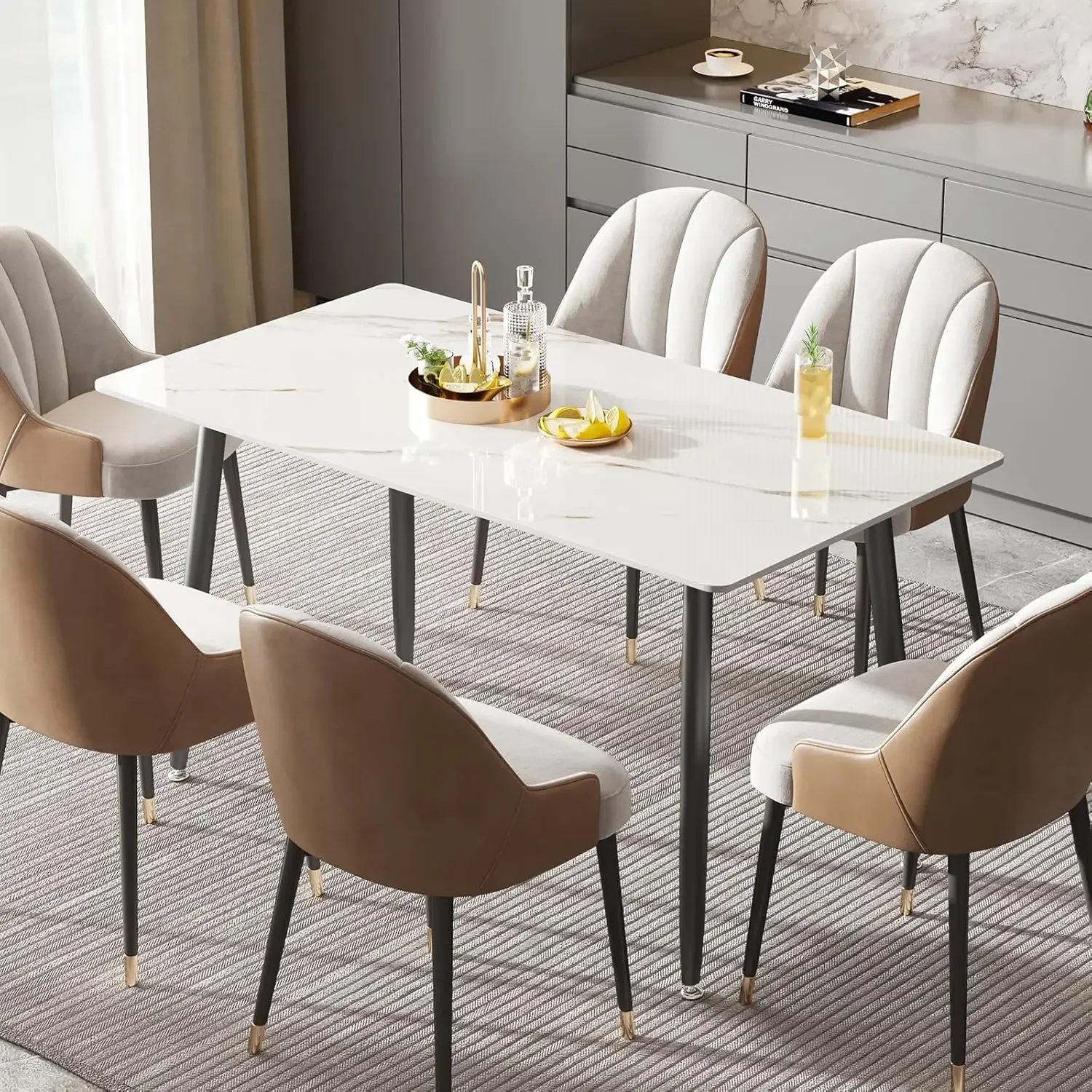 Dining Table with Marble Sintered Stone Table Top and Metal Legs,White 55