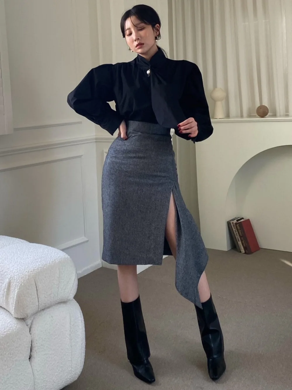 قميص نسائي أنيق بأكمام طويلة وأزرار لؤلؤية، تصميم فضفاض وعصري لخريف جديد، بتصميم وشاح أنيق، مناسب للتنقل اليومي، أصل صيني.