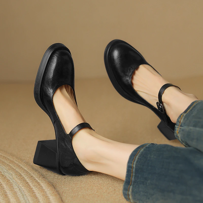 Scarpe Mary Jane con punta tonda e plateau con tacco grosso in vera pelle con cinturino con fibbia, stile retrò per donna