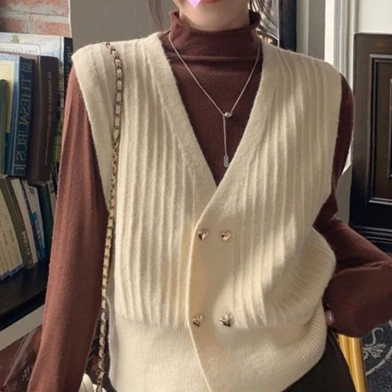 Winter Button Knitted Top for Women Brown V-neck Ladies Sweaters Vest Warm Thermal Blouse Tall Tops Crochet Trend 2024 Jersey