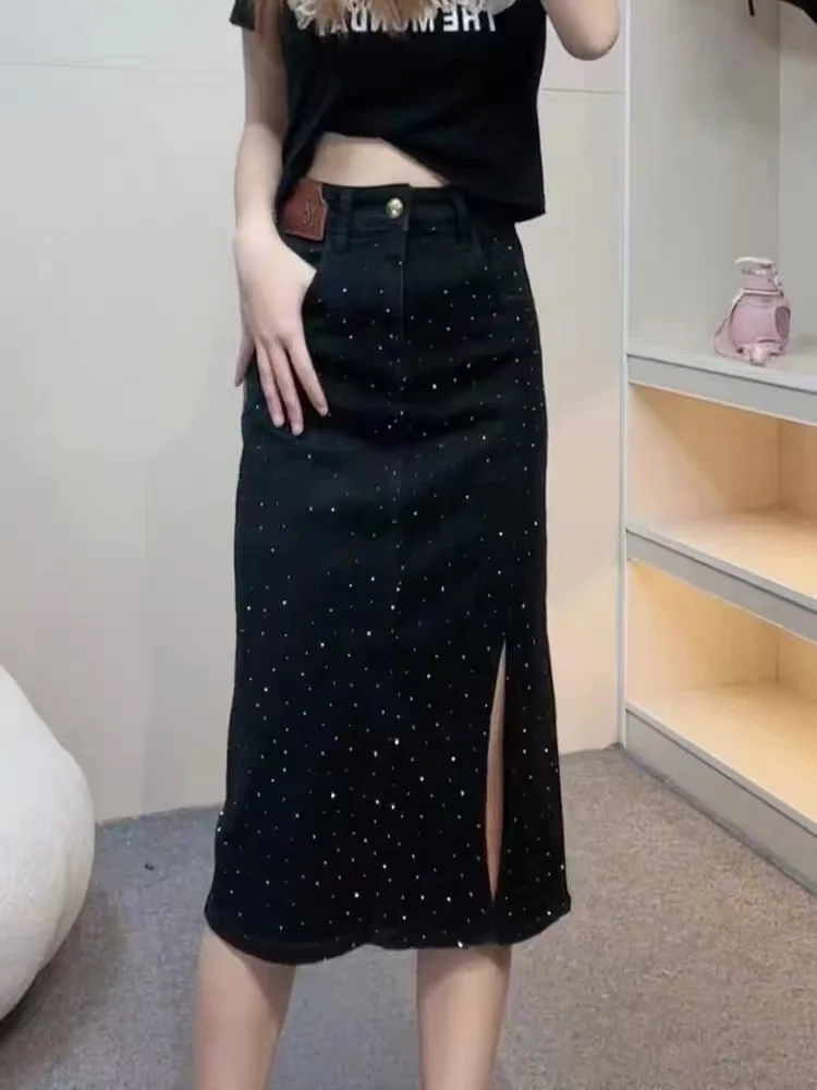 

Retro rhinestone Slit Denim Skirts Female Summer 2024 Washed High Waist Long Skirt Women All-Match Design Street Midi Skirt