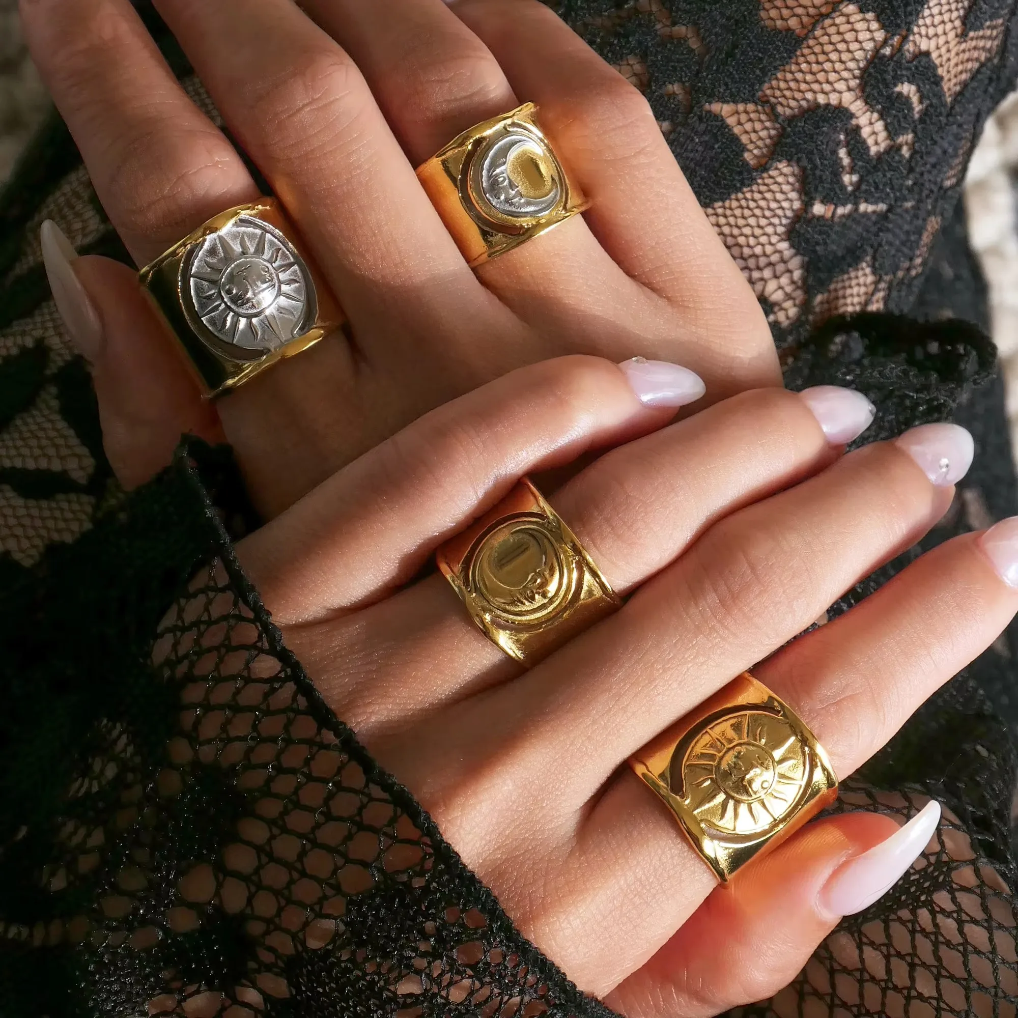 Bague Gothique Médiévale en Acier Inoxydable Plaqué Or 18k pour Femme, Totem Soleil et Lune, Deux Tons, Bijoux Boho, Nouveau