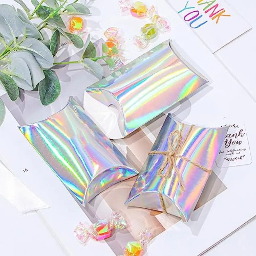 Sparkle Pillow Gift Boxes Party Favor Boxes Paper Candy Box Jewelry Soap Packaging Boxes for Wedding Birthday and Christmas Sil view 2