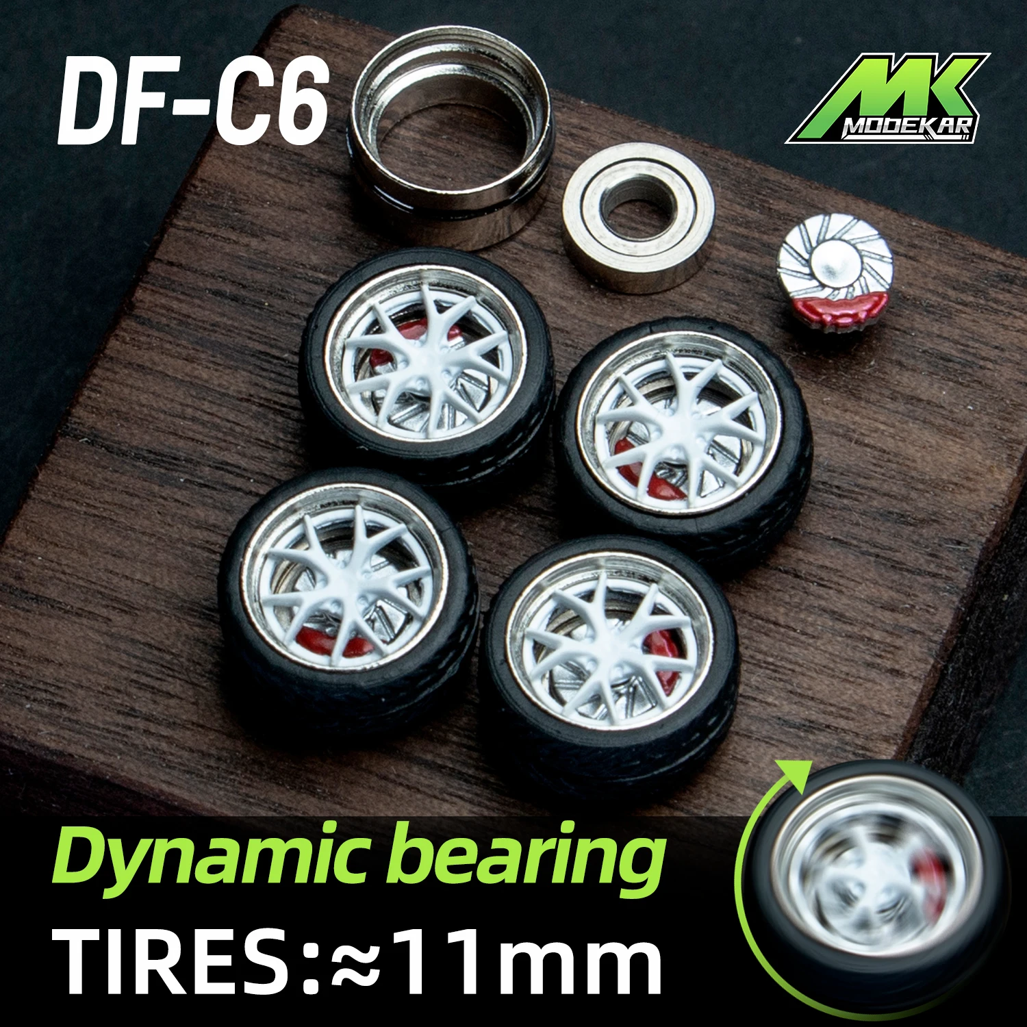 1/64 Scale Car Model Dynamic Bearing Wheels with Rotary Disc Brake Calipers Metal Wheels Modified Rubber Tires for Collectible