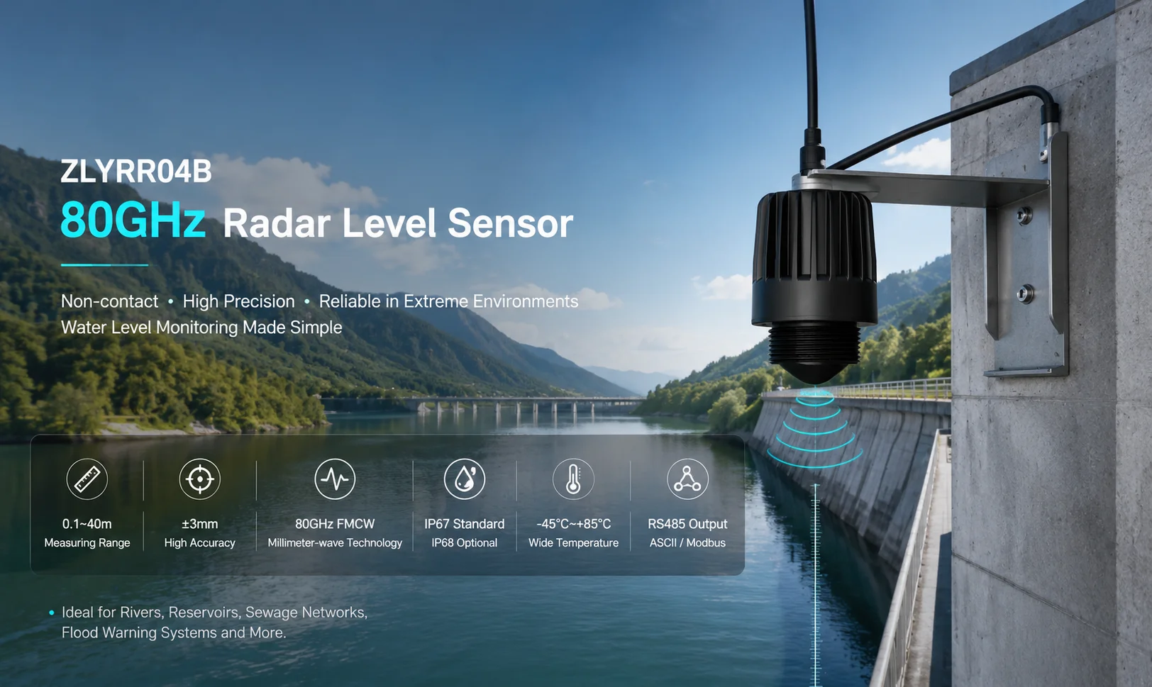 80GHz Radar Level Sensor 40m Non Contact Water Level Monitoring for River Reservoir Flood Warning Hydrology